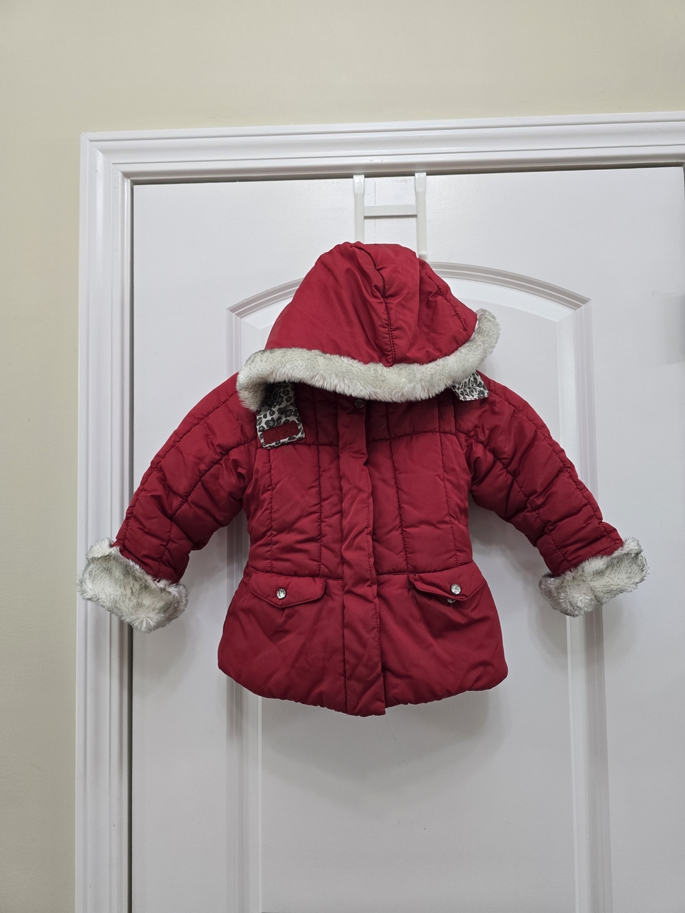 London Fog Girls' Red Hooded Puffer Jacket with Faux Fur Trim